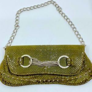 Pink Moon of NY Green Supple Snakeskin Leather Clutch Handbag Purse Rhinestone